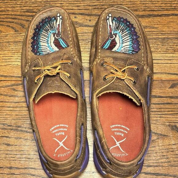 Twisted X Customized War Bonnet Brown Leather Driving Moccasins Women’s 8.5 - Picture 1 of 8